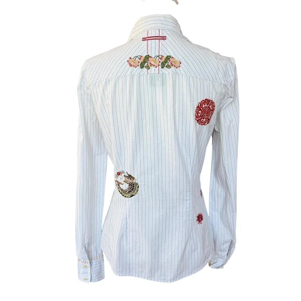 Johnny Was 3J Workshop Embroidered Pinstripe Button Down Shirt Womens Small - Picture 2 of 8